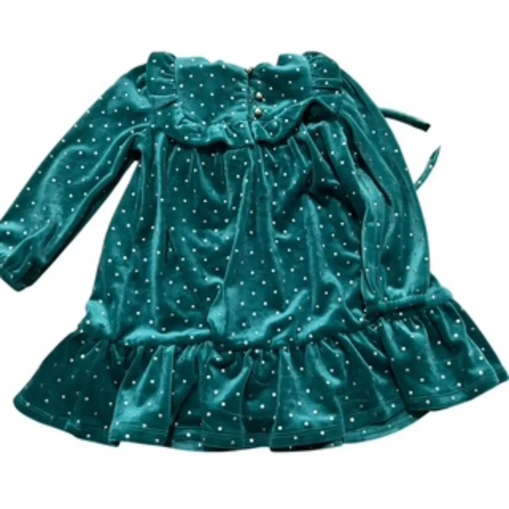 New Tahari Dress Girls Size 2 Green Velour Velvet With Gold Studs & Headband NWT